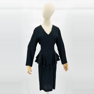 Vintage 80s Gaccina Black Long Sleeve Peplum Ruffle Cocktail Dress